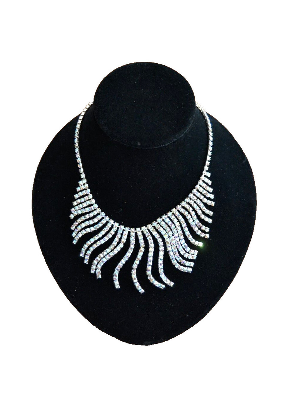 Vintage AB Rhinestone Fringe Bib Necklace Silver Tone Wavy Sunburst 15"